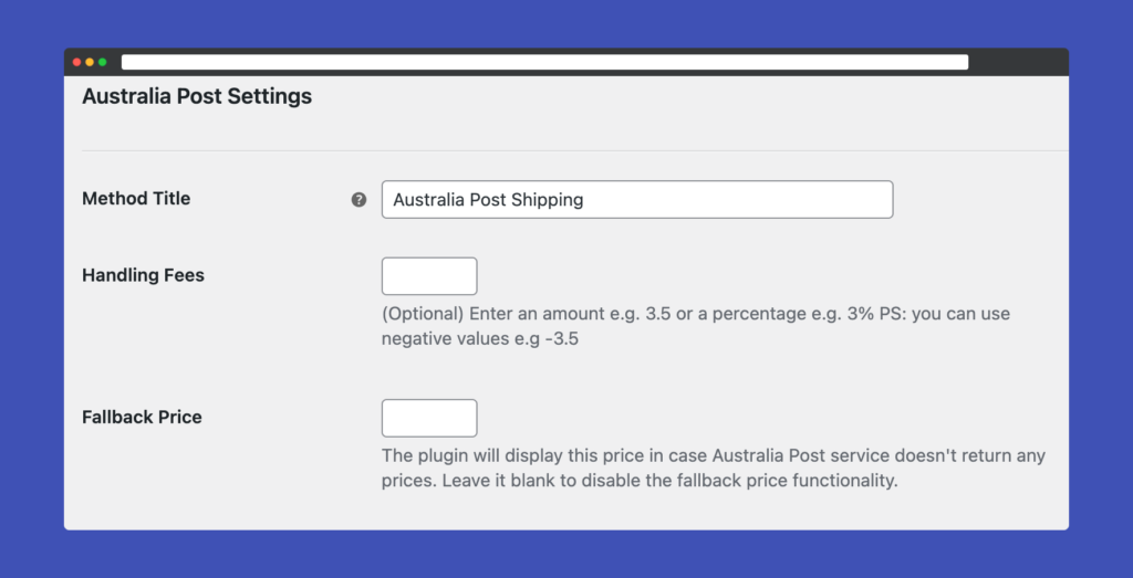 Australia Post for WooCommerce settings