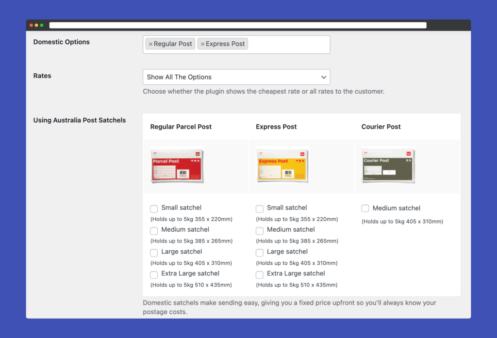 Australia Post for WooCommerce settings prepaid satchels