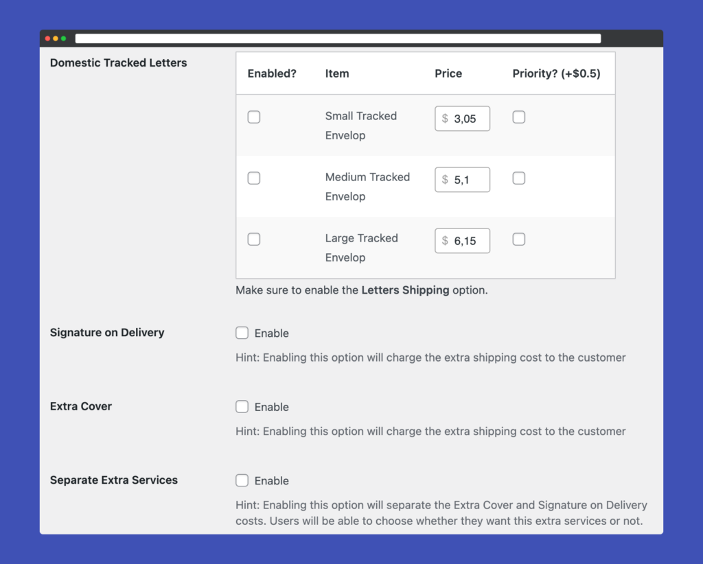 Australia Post for WooCommerce settings tracked letters shipping