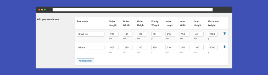 Australia Post for WooCommerce settings custom boxes