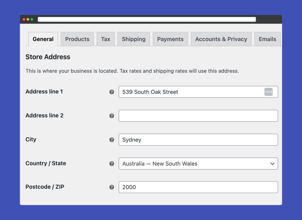 WooCommerce store address