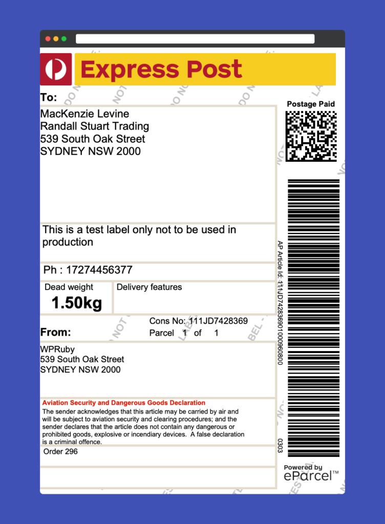 Australia Post domestic label generated in WooCommerce